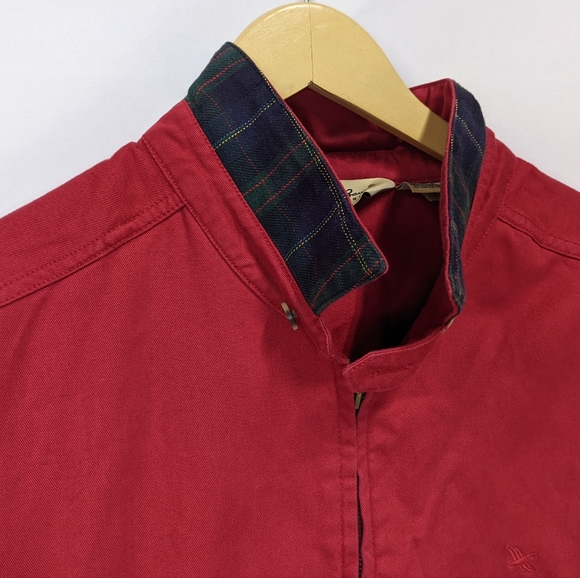 Vintage Eddie Bauer Red Denim Bomber Jacket With Plaid Trim, Full Zip, Large - Picture 4 of 12